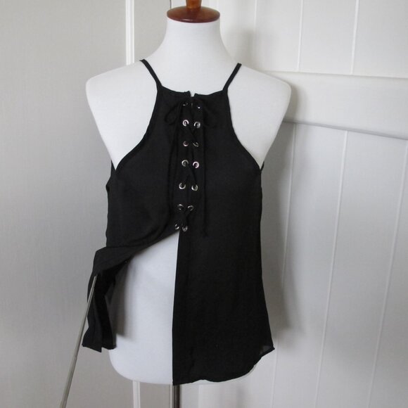 Chocolate | Black High Neck Drawstring Open Front Skinny Strap - Picture 10 of 11